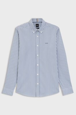 Slim-fit shirt in a striped cotton blend, Blue