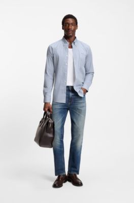 Slim-fit shirt in a striped cotton blend, Blue