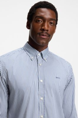 Slim-fit shirt in a striped cotton blend, Blue