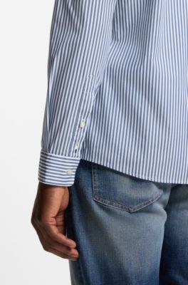 Slim-fit shirt in a striped cotton blend, Blue