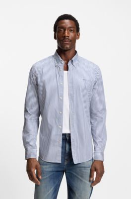 Slim-fit shirt in a striped cotton blend, Blue