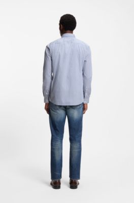 Slim-fit shirt in a striped cotton blend, Blue