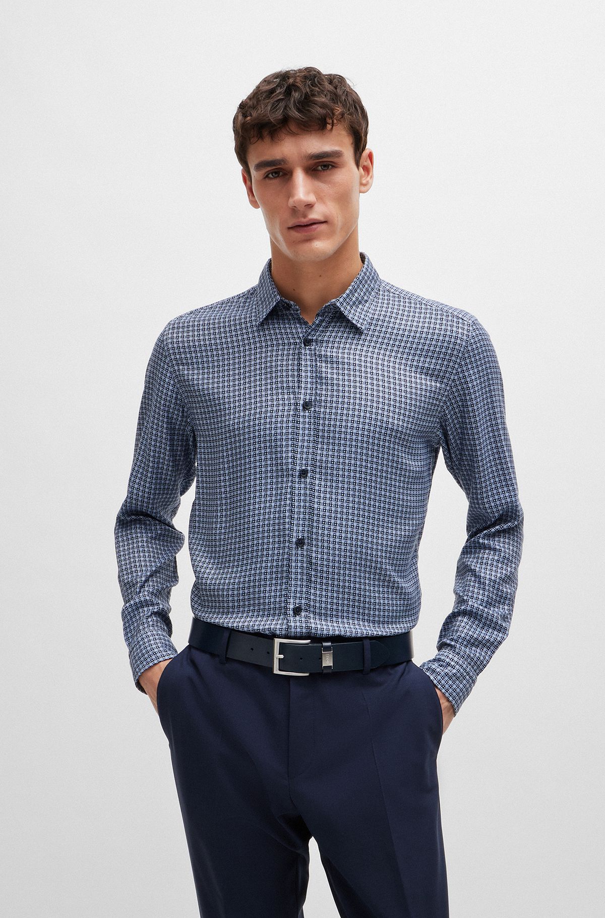 Regular-fit shirt in printed chambray, Dark Blue