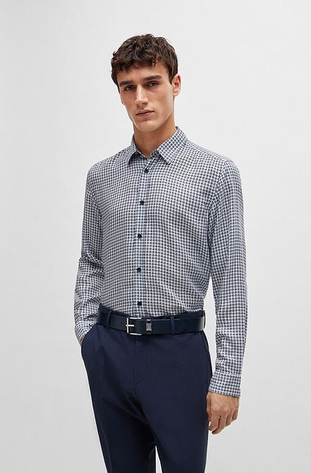 Regular-fit shirt in printed chambray, Light Blue