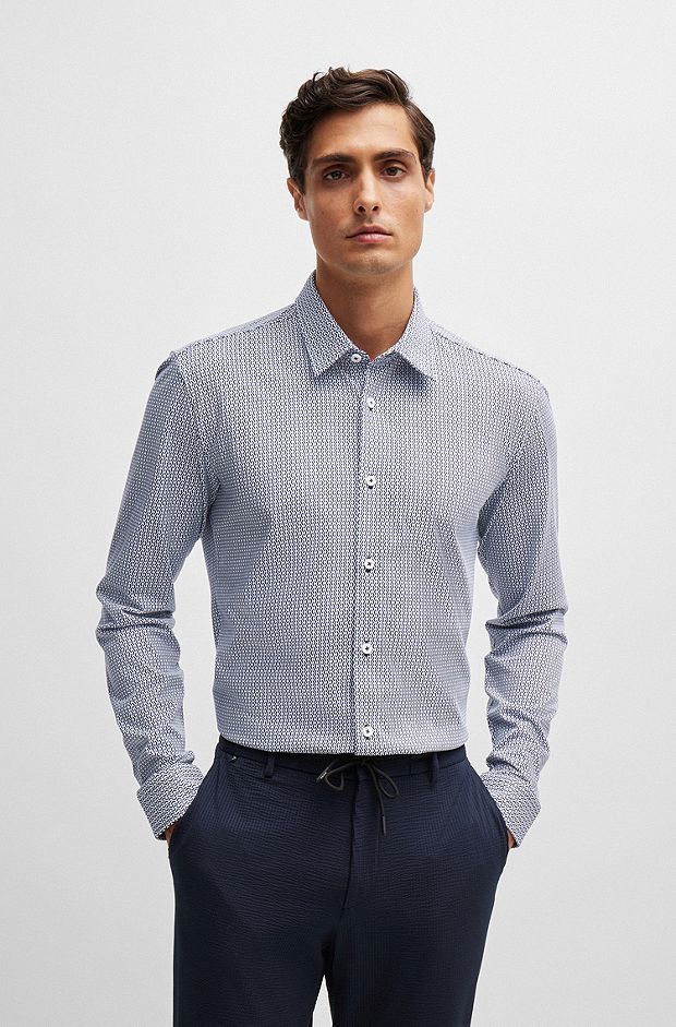 Slim-fit shirt in a printed performance-stretch blend, Dark Blue