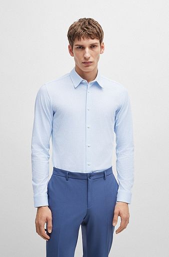 Slim-fit shirt in a printed performance-stretch blend, Light Blue