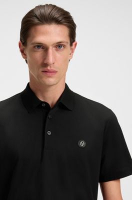 Mercerised-cotton polo shirt with double monogram, Black