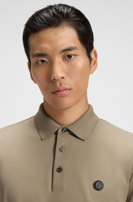 Mercerised-cotton polo shirt with double monogram, Light Brown