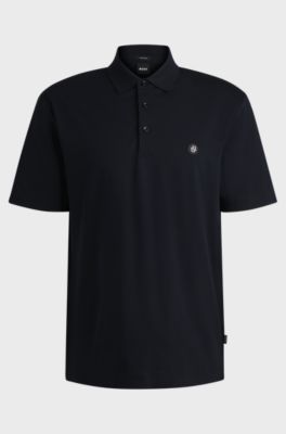 Polo en coton merceris&eacute; &agrave; double monogramme, Bleu fonc&eacute;