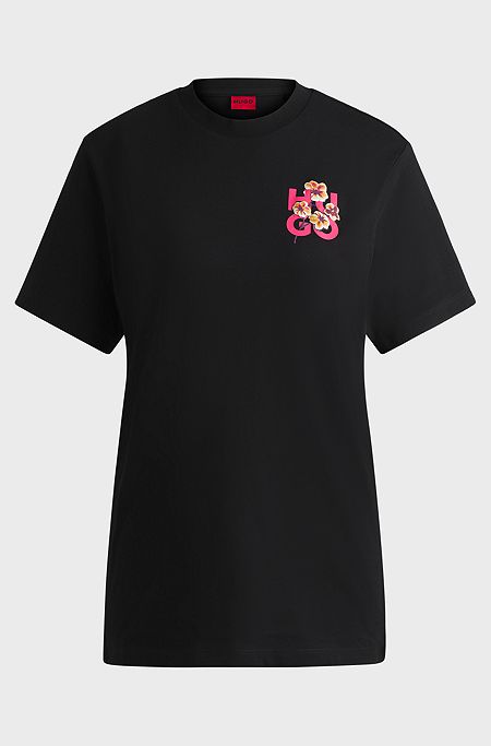 Relaxed-fit T-shirt in cotton with floral logo artwork, Black