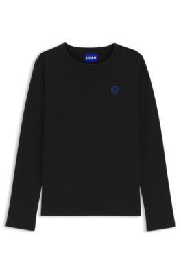 Cotton-jersey top with Happy HUGO logo badge, Black