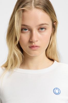 Maglia in jersey di cotone con targhetta con logo Happy HUGO, Bianco