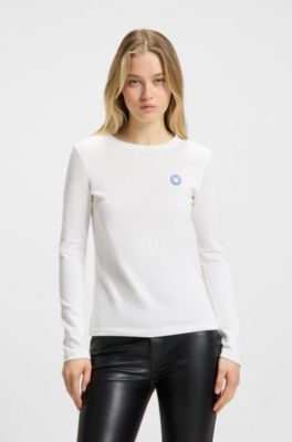 Cotton-jersey top with Happy HUGO logo badge, White