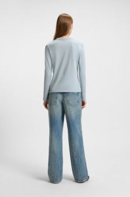 Cotton-jersey top with Happy HUGO logo badge, Light Blue