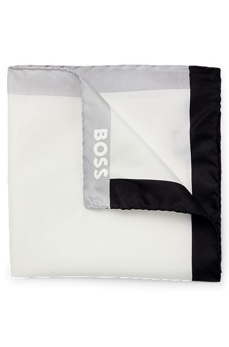 Silk pocket square with branding and printed border, White / Black