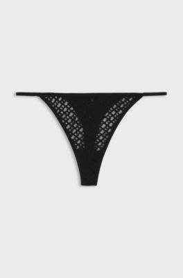Tanga in pizzo con monogrammi e dettaglio con logo, Nero