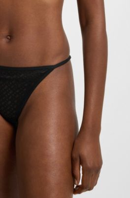 Tanga in pizzo con monogrammi e dettaglio con logo, Nero