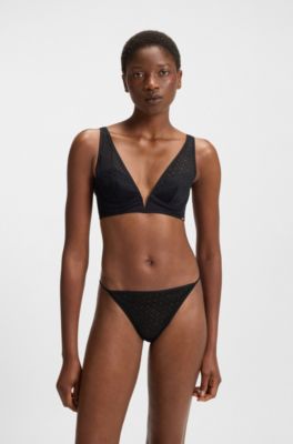 Tanga in pizzo con monogrammi e dettaglio con logo, Nero