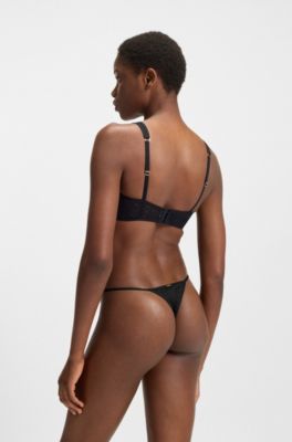 Tanga in pizzo con monogrammi e dettaglio con logo, Nero