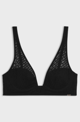 Monogram-lace triangle bra with branded metal trim, Black