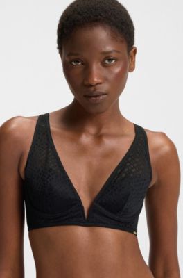 Reggiseno a triangolo in pizzo con monogramma e rifinitura in metallo brandizzata, Nero