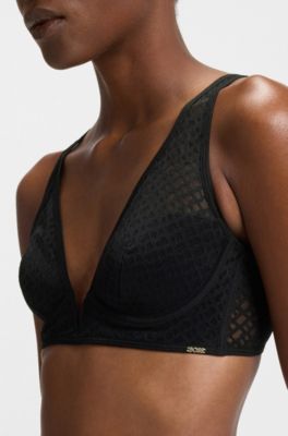 Monogram-lace triangle bra with branded metal trim, Black