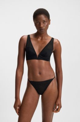 Reggiseno a triangolo in pizzo con monogramma e rifinitura in metallo brandizzata, Nero