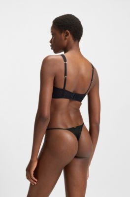 Monogram-lace triangle bra with branded metal trim, Black