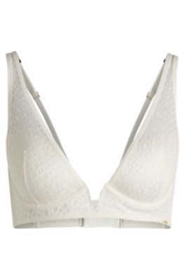 Monogram-lace triangle bra with branded metal trim, White