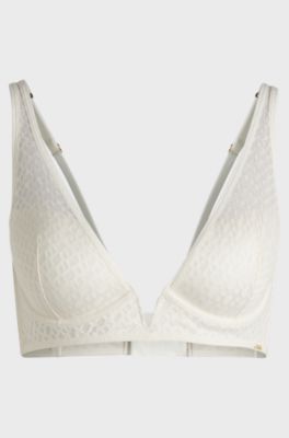 Monogram-lace triangle bra with branded metal trim, White