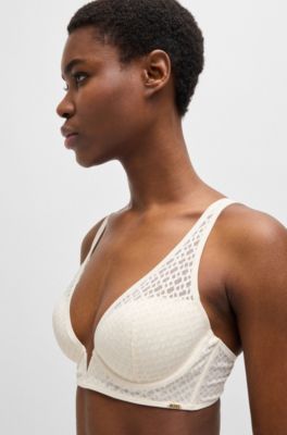 Monogram-lace triangle bra with branded metal trim, White