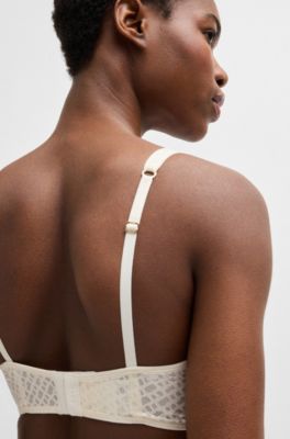Monogram-lace triangle bra with branded metal trim, White