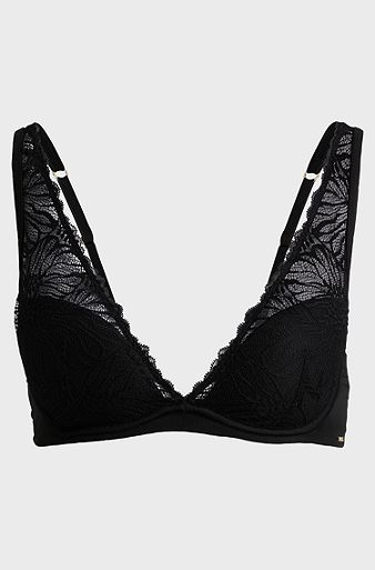 Stretch-lace underwired bra with logo trim, Black