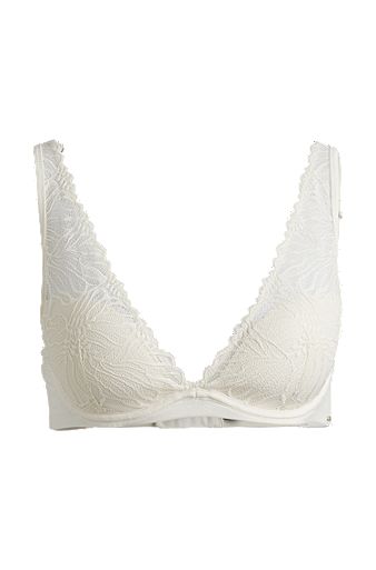 Stretch-lace underwired bra with logo trim, White