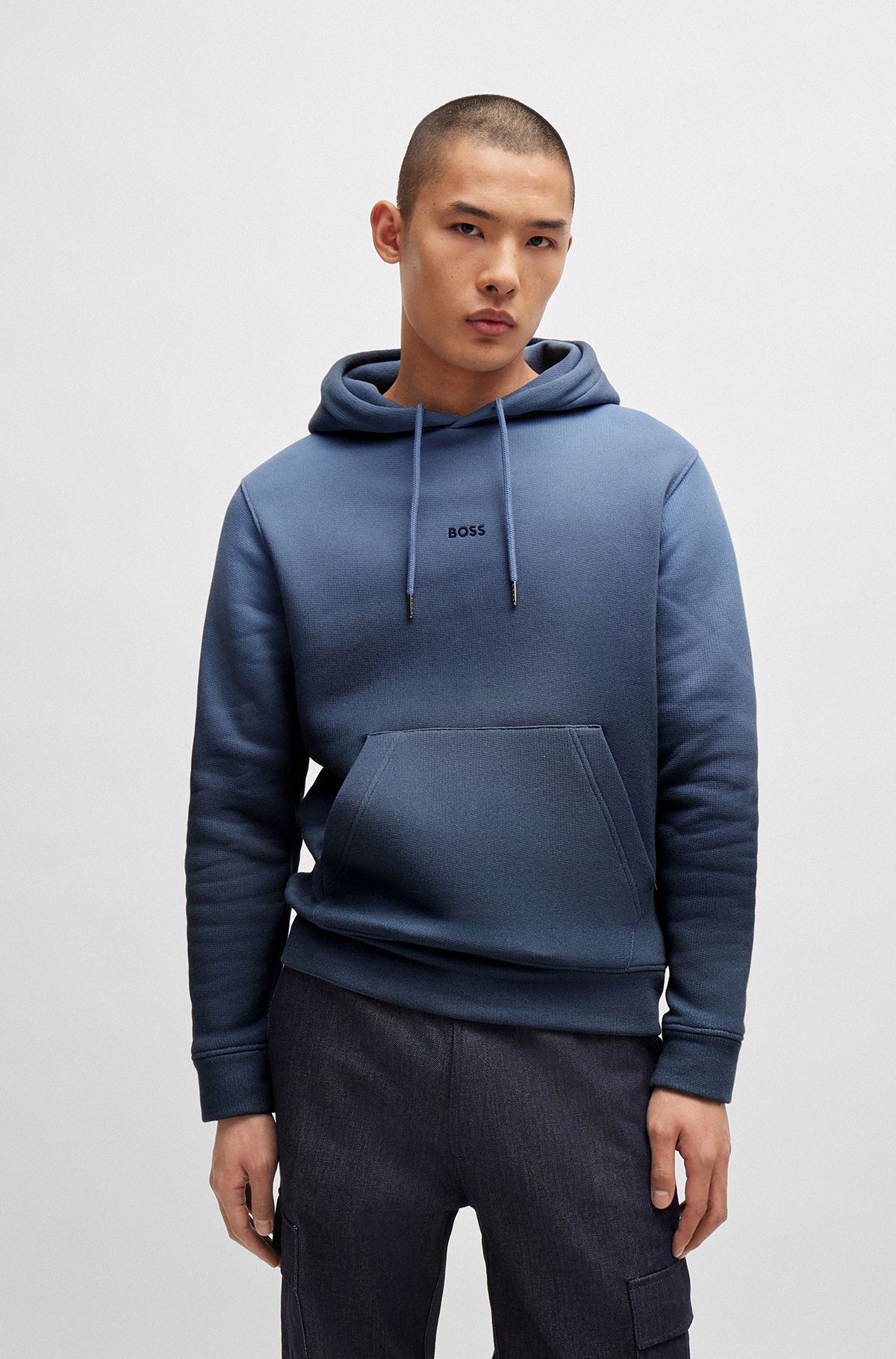 Cotton-terry relaxed-fit hoodie with gradient dye, Blue