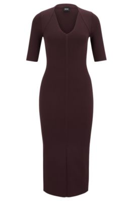 Robe en maille &agrave; col V et manches courtes, Rouge sombre