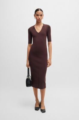 Robe en maille &agrave; col V et manches courtes, Rouge sombre