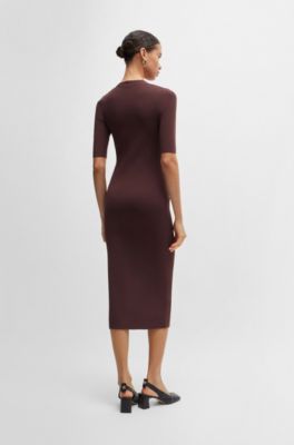 Robe en maille &agrave; col V et manches courtes, Rouge sombre