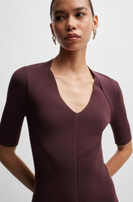 Robe en maille &agrave; col V et manches courtes, Rouge sombre