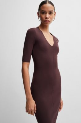 Robe en maille &agrave; col V et manches courtes, Rouge sombre