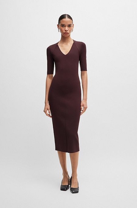 V-neck knitted dress with cropped sleeves, Dark Red