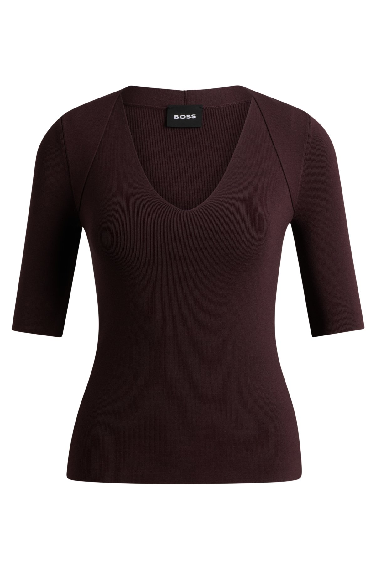 V-neck knitted top with cropped sleeves, Dark Red