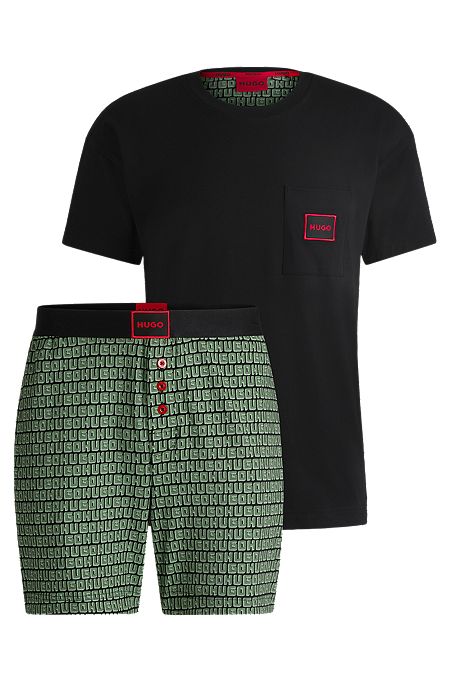 Short pyjamas in stretch cotton with logo details, Black / Green