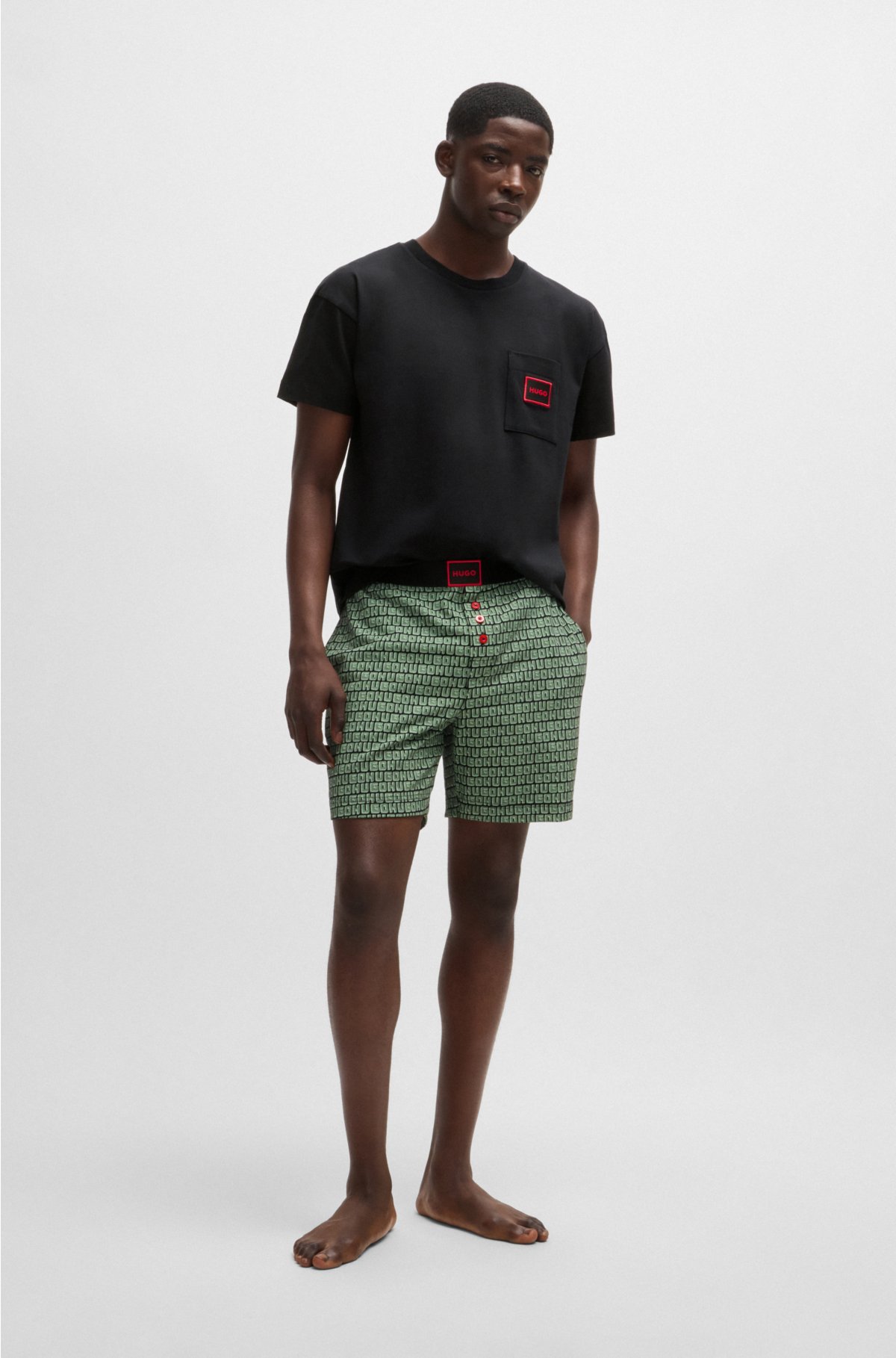 Short pyjamas in stretch cotton with logo details, Black / Green