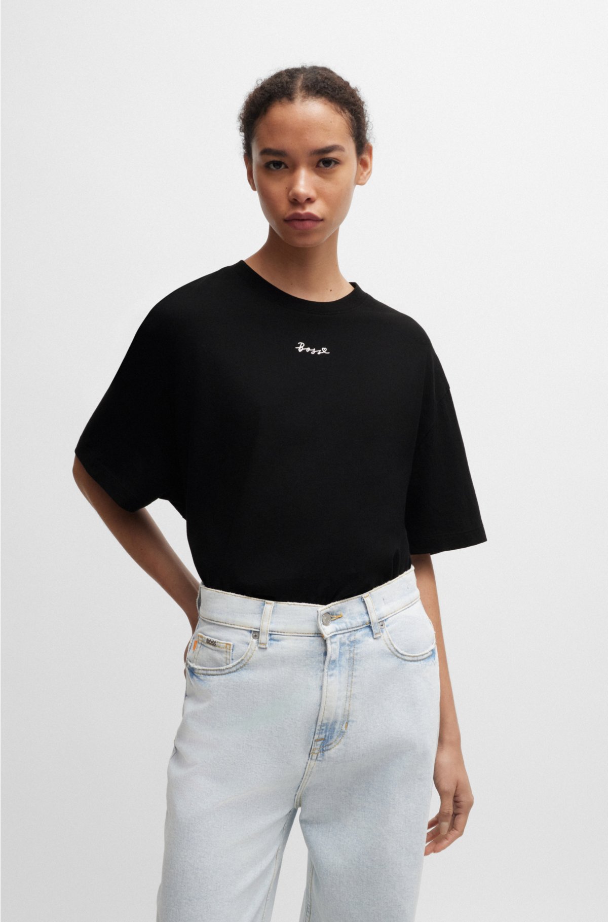Stretch-cotton T-shirt with logo details, Black