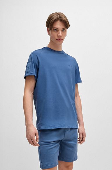 Stretch-cotton T-shirt with logo tape sleeves, Blue