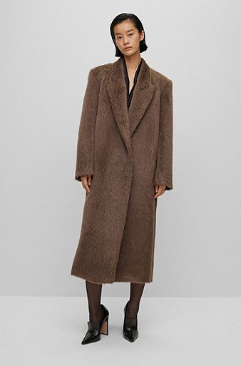 Double-breasted alpaca and wool coat, Brown