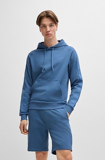 Cotton-terry hoodie with logo tape sleeves, Blue