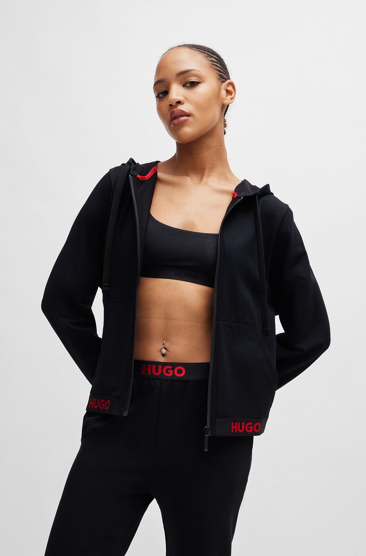 Cotton-blend zip-up hoodie with logo waistband, Black