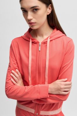 Felpa con cappuccio relaxed fit con elastico in vita con logo, Rosso chiaro